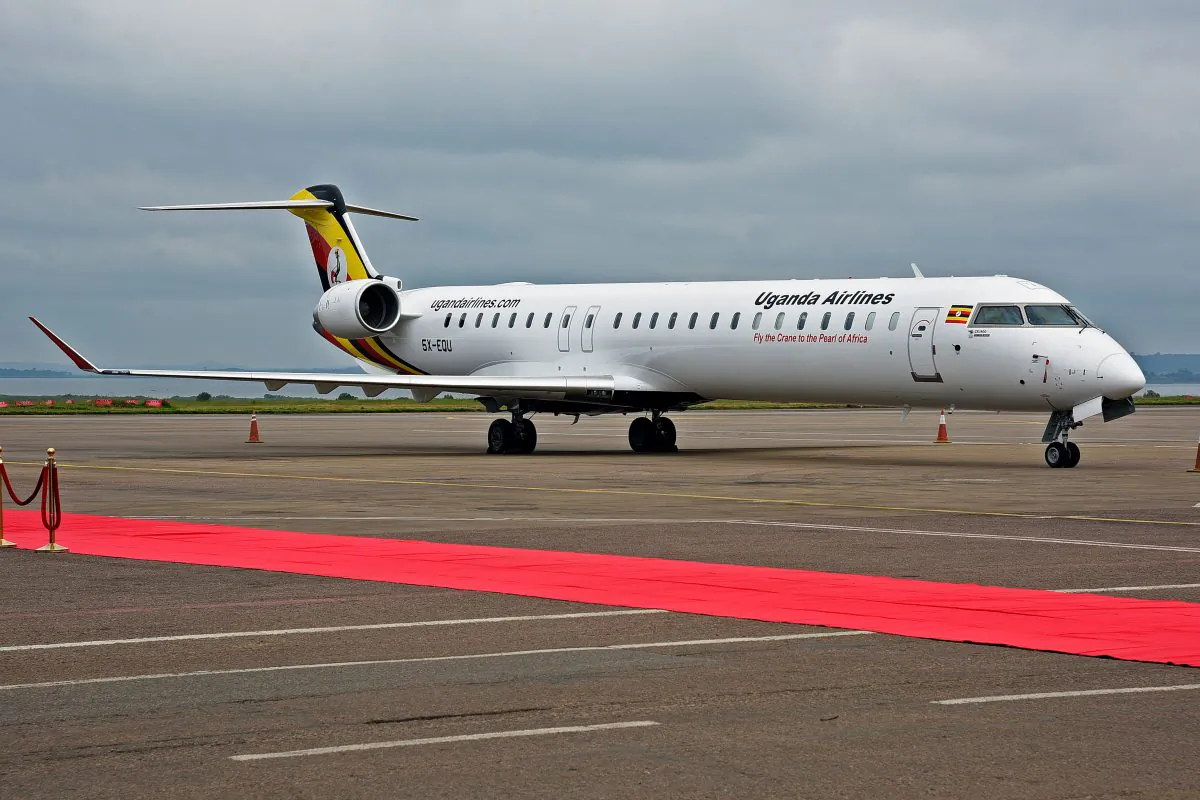 A Uganda Airlines Bombadier aircraft prepares for departure at Entebbe airport during the launch of Uganda Airlines maiden flight to Jomo Kenyatta International Airport in Nairobi on Aug. 27, 2019. (Isacc Kasamani/AFP/Getty Images)