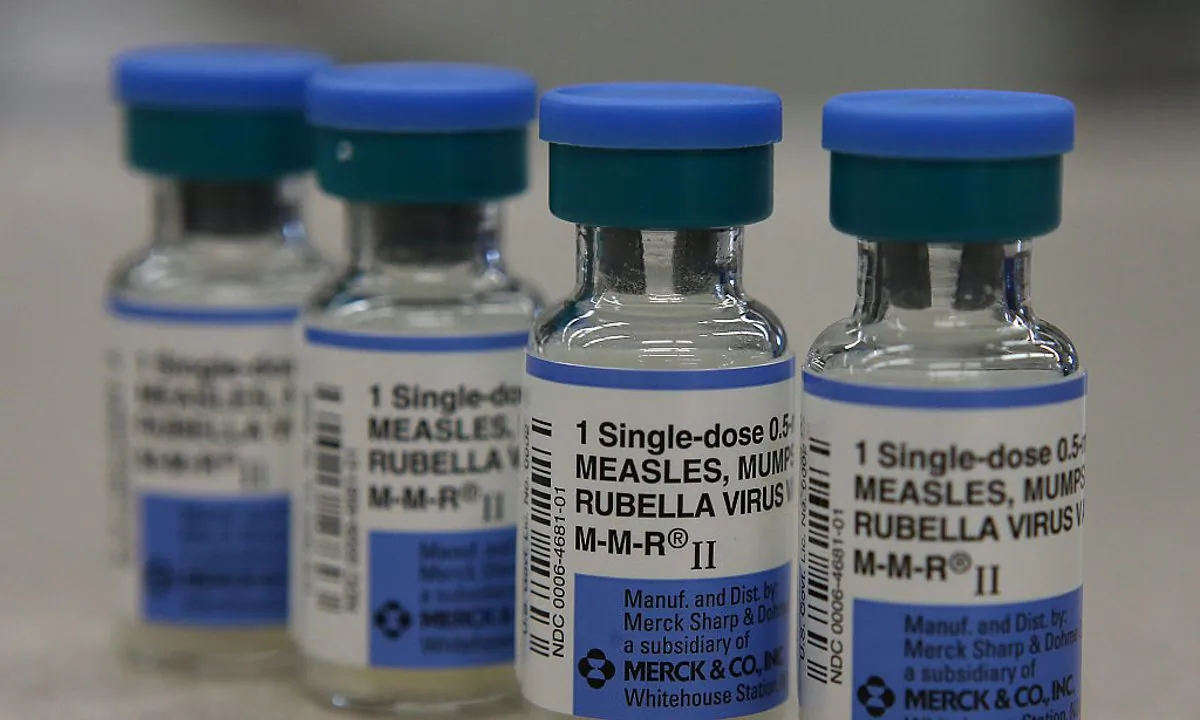 In this photo illustration, vials of measles, mumps and rubella vaccine are displayed on a counter at a Walgreens Pharmacy in Mill Valley, California, on Jan. 26, 2015. (Justin Sullivan/Getty Images)