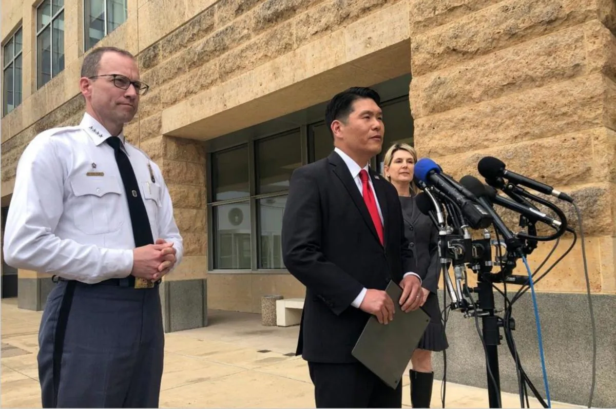 (L–R) Prince George's County Police Chief Henry Stawinski, U.S. Attorney Robert Hur, and FBI special agent Jennifer Moore address reporters outside the federal courthouse in Greenbelt, Md., on April 9, 2019. (Michael Kunzelman/AP Photo)