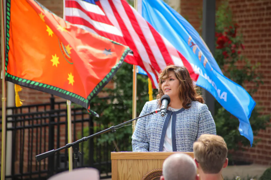Kim Teehee, the newly nominated delegate for the Cherokee Nation, speaks in Oklahoma on Aug. 22, 2019 (Anadisgoi)