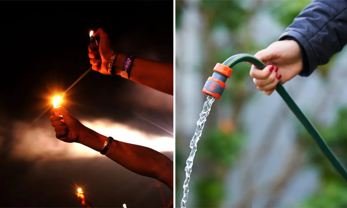 (L) Audience memebrs holding lighters. (China Photos/Getty Images) | (R) A woman holding a hose. (Jaimi Chisholm/Getty Images)