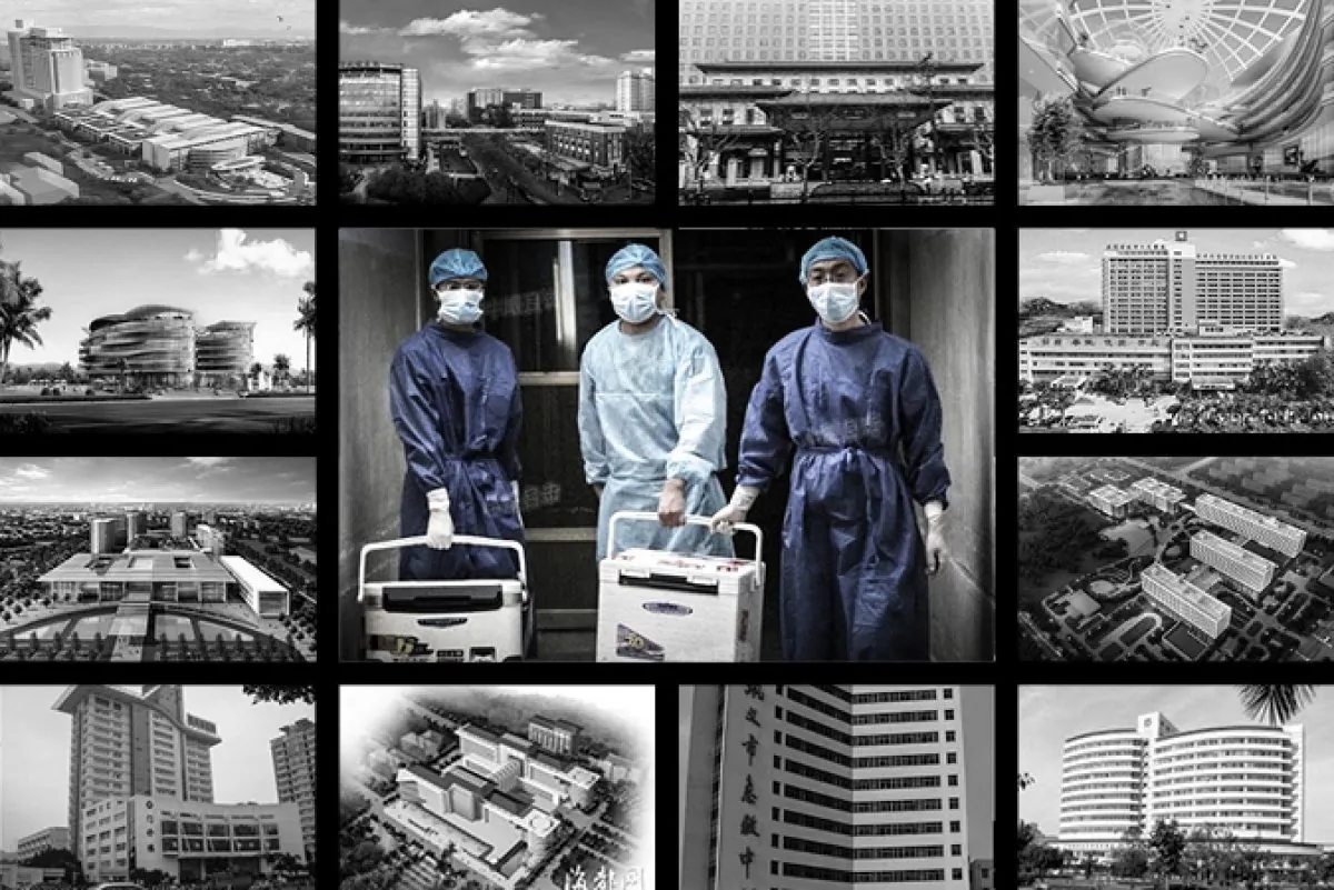 Some of the more than 700 transplant hospitals across China. The image in the centre shows doctors carrying fresh organs for transplant at a hospital in Henan Province on Aug. 16, 2012. (The Epoch Times)