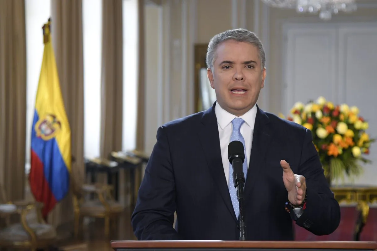 President Ivan Duque gives a statement at Palacio de Narino in Bogota, Colombia, Thursday, Aug. 29, 2019. (Efrain Herrera/Colombia's Presidential Press Office via AP)