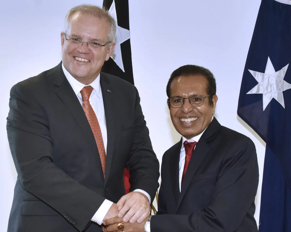 East Timor Prime Minister Taur Matan Ruak (R) meets Australian Prime Minister Scott Morrison (L) at the government office in Dili on August 30, 2019. (Photo by Valentino Dariell DE SOUSA / AFP) (Photo credit should read VALENTINO DARIELL DE SOUSA/AFP/Getty Images)