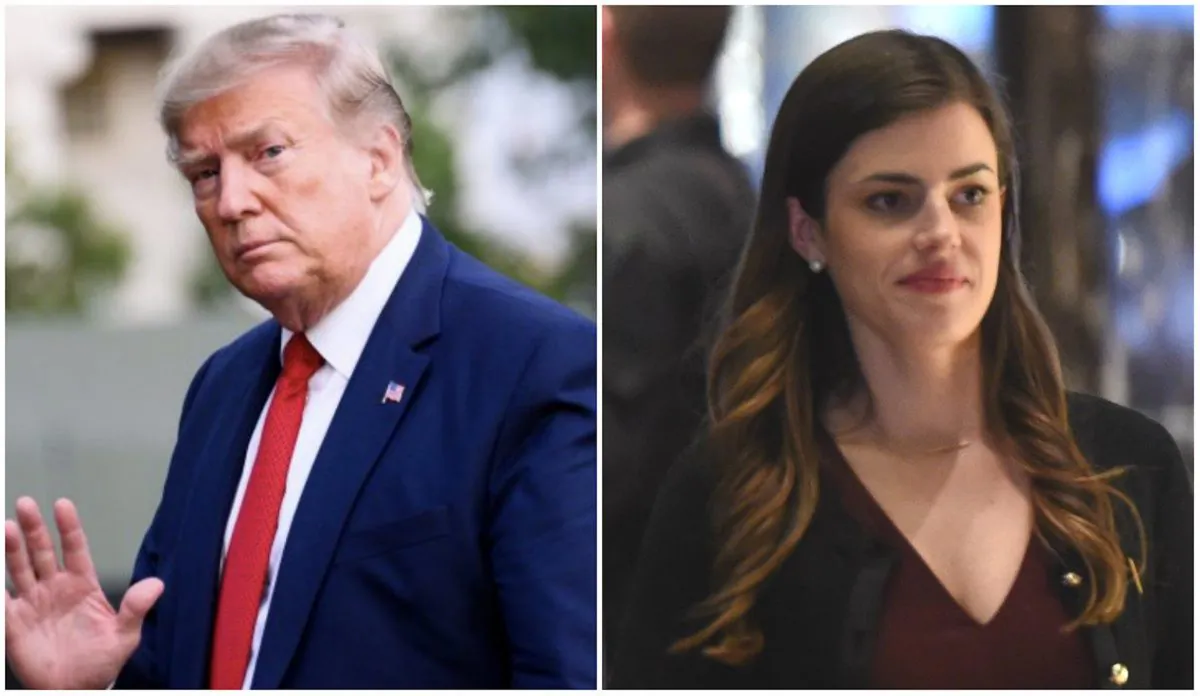 L: U.S. President Donald Trump waves as he arrives at the White House in Washington, Aug. 21, 2019. (Jim WatsonAFP/Getty Images) R: Madeleine Westerhout at Trump Tower in New York on Nov. 29, 2016. (Timothy A. Clary/AFP/Getty Images)