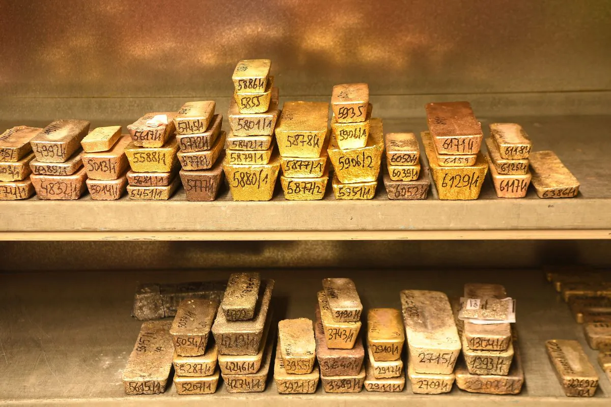 Gold bars and others precious metals are pictured at the Agosi factory in the city of Pforzheim, southwestern Germany, on April 1, 2019. (Patrick Hertzog/AFP/Getty Images)