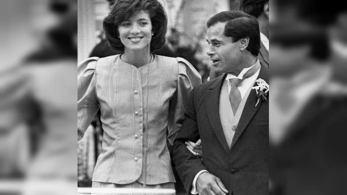 Maid of Honor Caroline Kennedy and Best Man Franco Columbu, leave St. Francis Xavier Church after the wedding of Caroline's cousin Maria Shriver to Arnold Schwarzenegger in Hyannis, Mass.. Italian ,on April 26, 1986 .(Mike Kullen, AP Photo/file)
