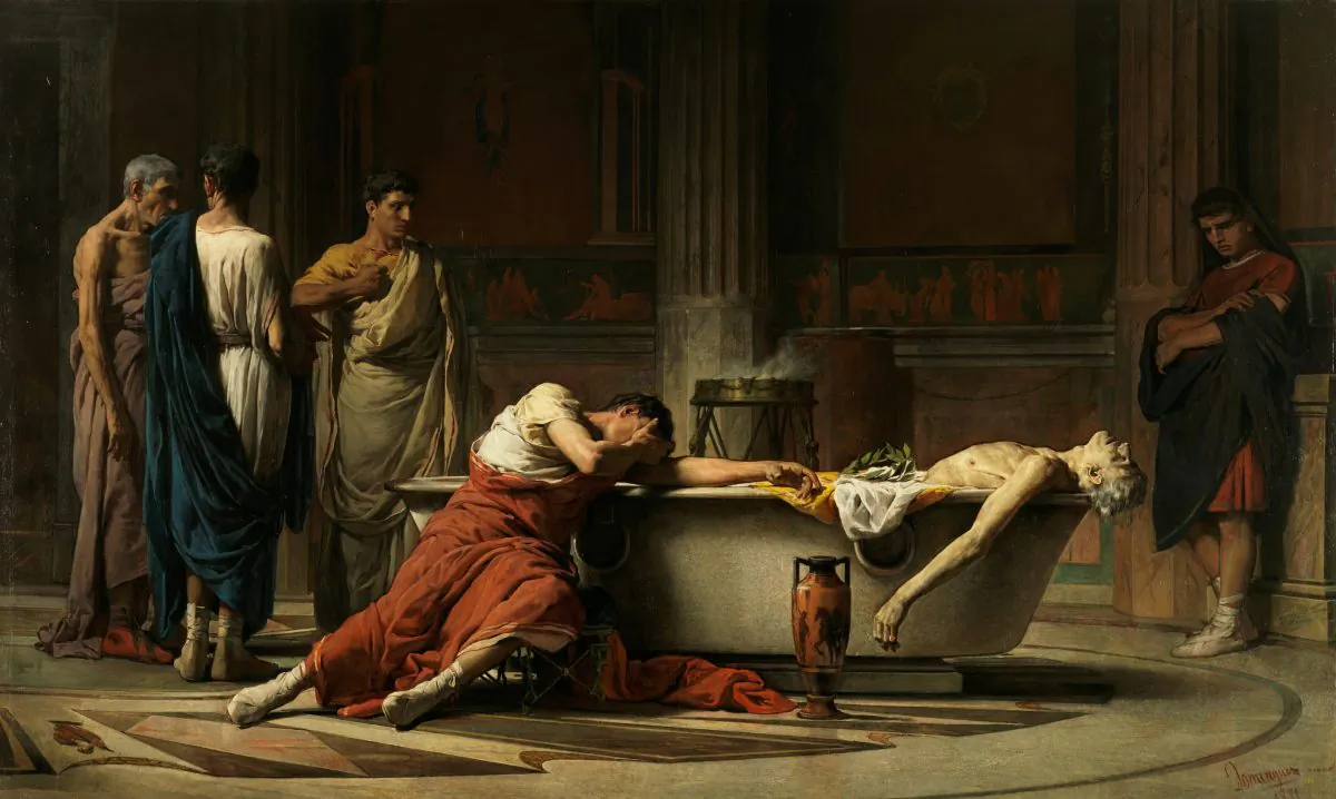 “The Suicide of Seneca,” 1871, by Manuel Dominguez Sanchez. Oil on Canvas, 106 1/3 inches by 177 ¼ inches. Prado Museum, Spain. (Public Domain)