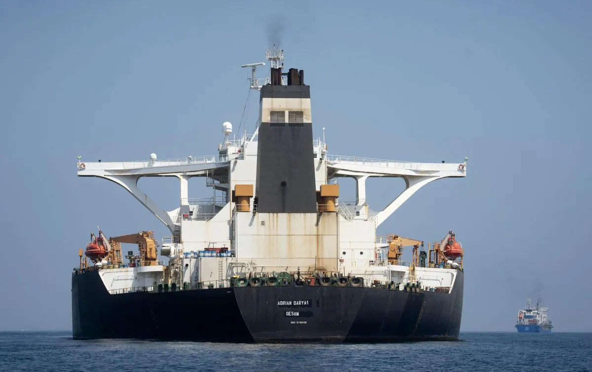 Super tanker Adrian Darya 1, formerly known as the Grace 1 sails in the British territory of Gibraltar. Aug. 17, 2019 (AP Photo/Marcos Moreno, File)