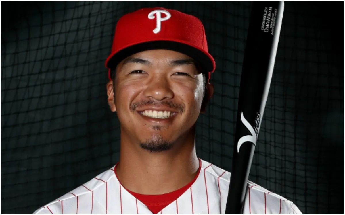 Chace Numata, then a player for the Philadelphia Phillies, poses  in Clearwater, Florida, on Feb. 20, 2017. (Elsa/Getty Images)