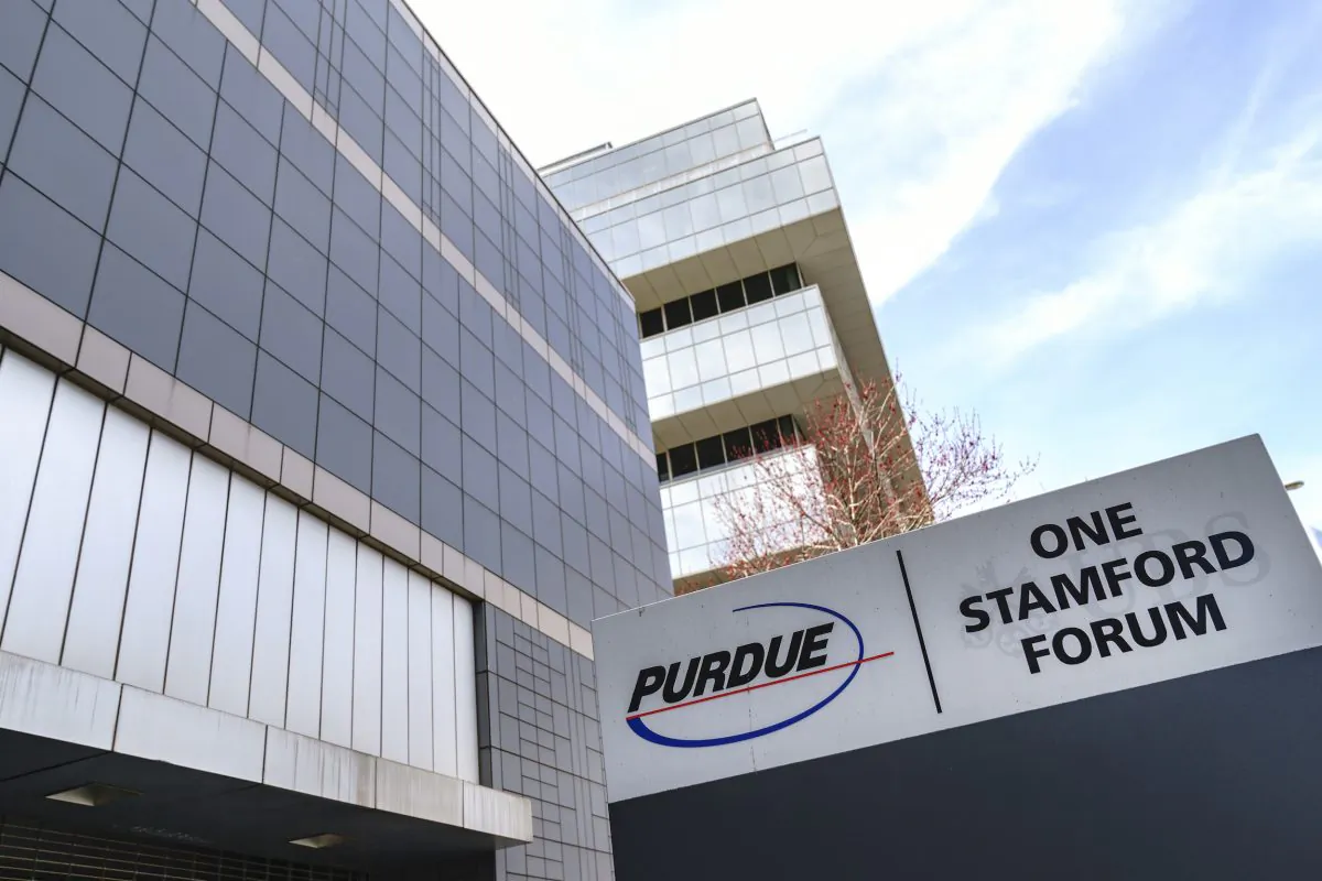 Purdue Pharma headquarters stands in downtown Stamford, in Stamford, Conn., on April 2, 2019. (Drew Angerer/Getty Images)
