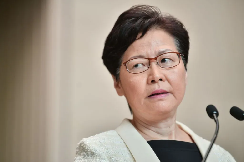 Hong Kong leader Carrie Lam speaks to the media during her weekly press conference in Hong Kong on Sept. 3, 2019. (Anthony Wallace/AFP/Getty Images)