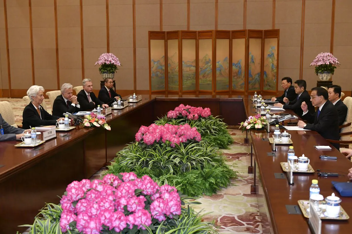 International Monetary Fund (IMF) Managing Director Christine Lagarde (L) attends a meeting with Chinese Premier Li Keqiang (R) at the Diaoyutai State Guesthouse in Beijing on April 24, 2019. (Parker Song/Pool/AFP/Getty Images)