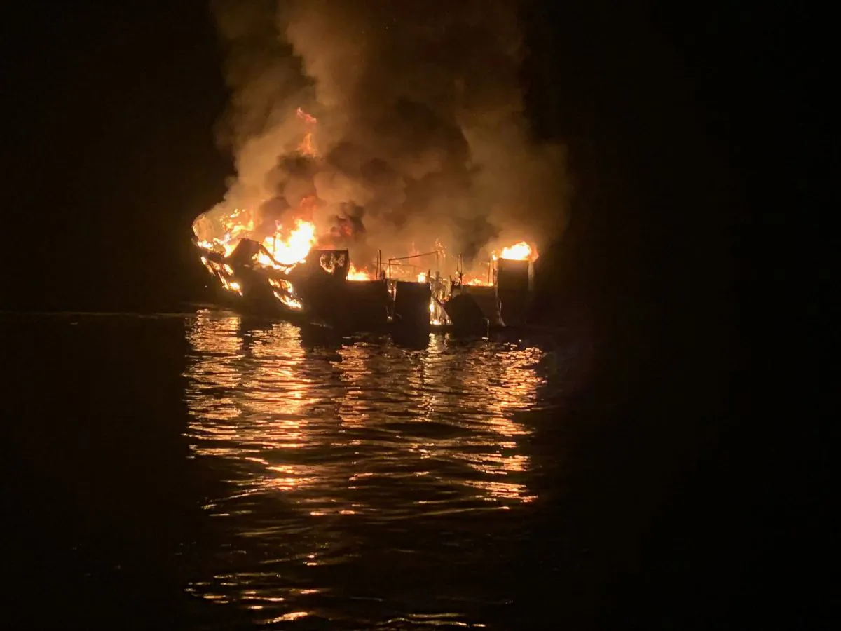 In this handout provided by Santa Barbara County Fire Department, the 75-foot Conception, based in Santa Barbara Harbor, burns after catching fire early Sept. 2, 2019, while anchored off Santa Cruz Island in California. (Santa Barbara County Fire Department via Getty Images)