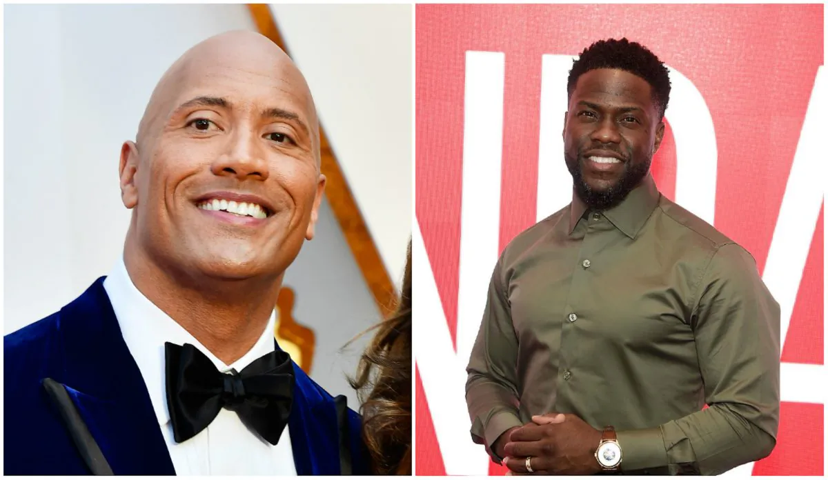 (L) Dwayne Johnson at Hollywood & Highland Center in Hollywood, California, Feb. 26, 2017. (Frazer Harrison/Getty Images) (R) Kevin Hart at The Robin Williams Center in New York City on Jan. 9, 2019. (Jamie McCarthy/Getty Images)