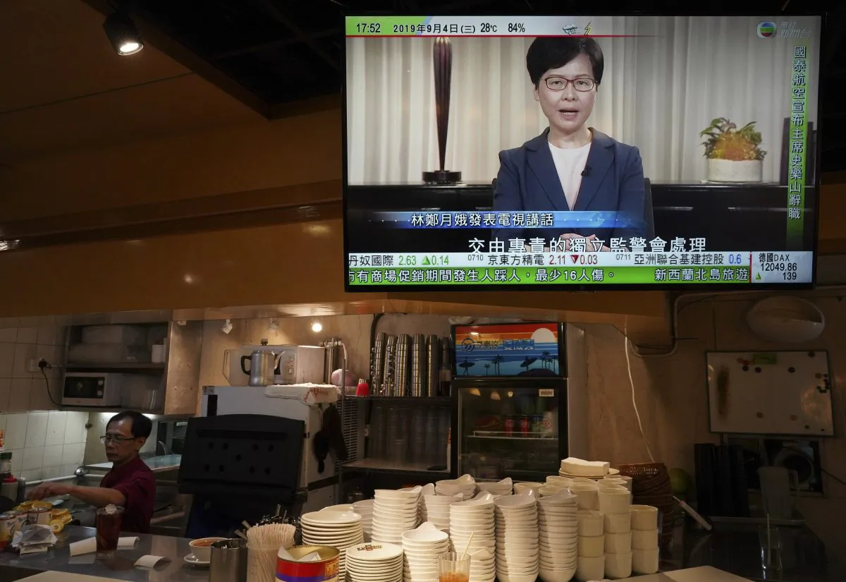 Hong Kong Chief Executive Carrie Lam, seen in a telecast, makes an announcement in Hong Kong, on Sept. 4, 2019. (Vincent Yu/AP Photo)