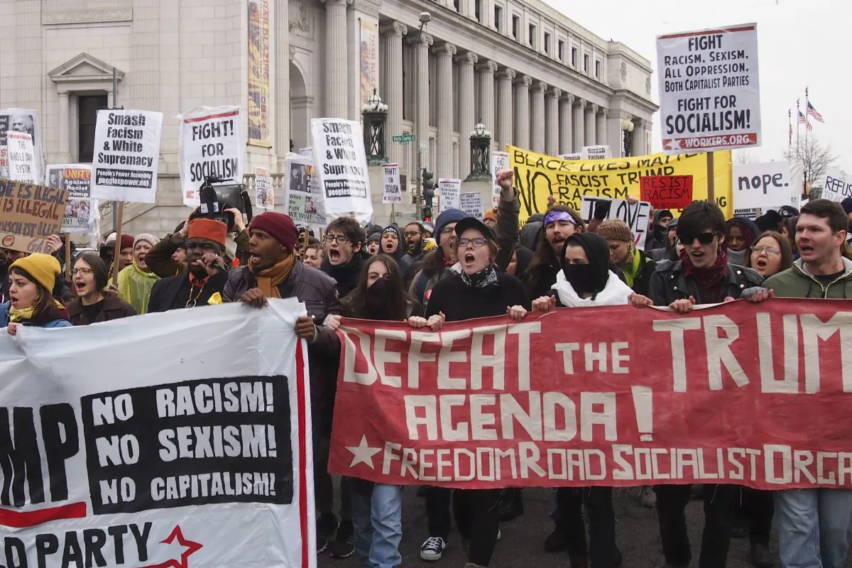 Freedom Road Socialist Organization supporters during an anti-Trump march in Washington on Jan. 20, 2017. slowking4/GFDL 1.2