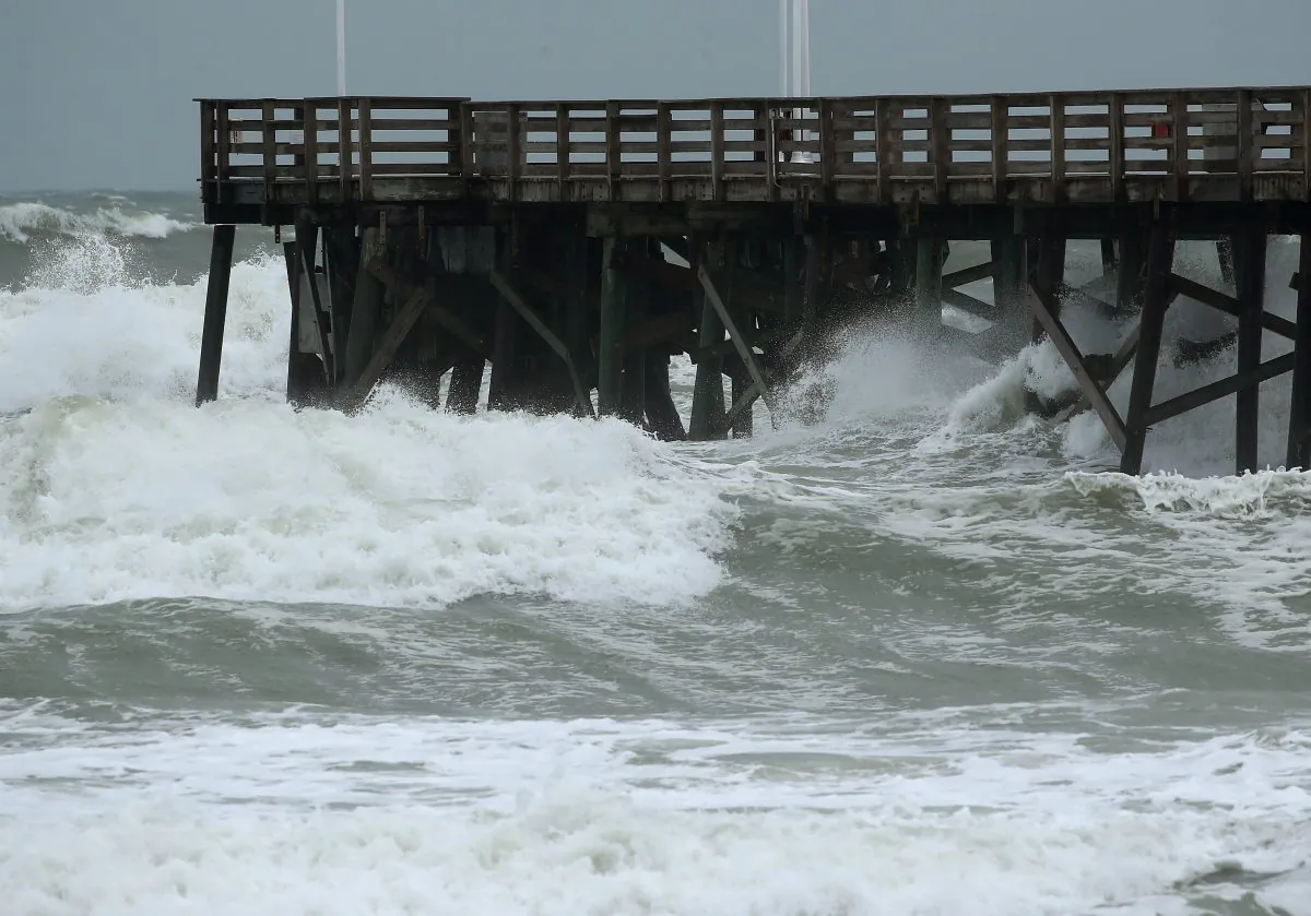 Heavy surf caused by the approach of Hurricane Dorian pounds the boardwalk in Daytona Beach, Florida, on Sept. 3, 2019. (Mark Wilson/Getty Images)