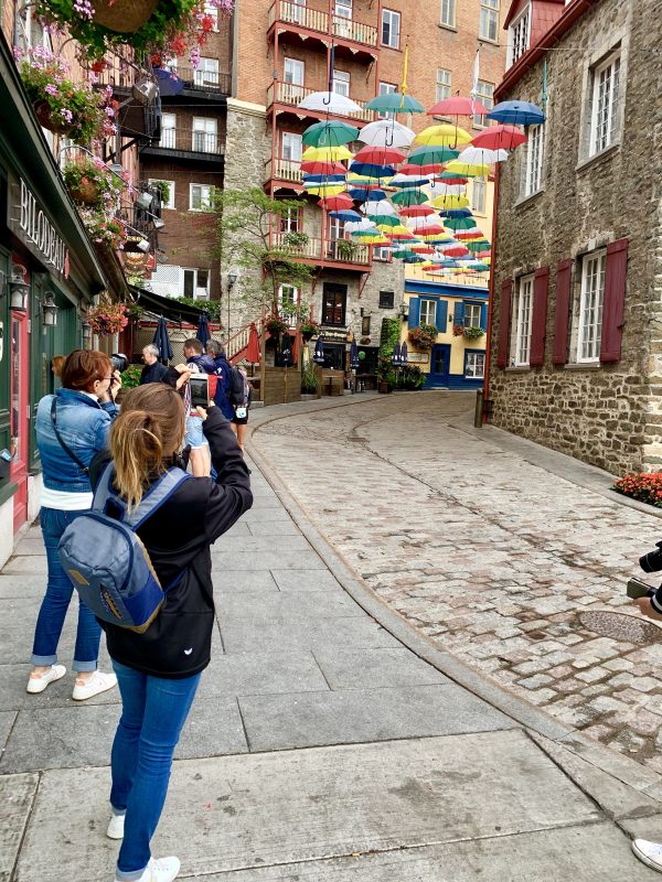 Umbrella lined street Quebec