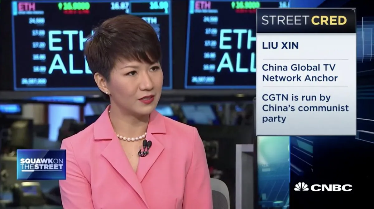 Liu Xin, host of China's state broadcaster CGTN, speaks at CNBC's “Squawk on the Street” on Sept. 3. (Screenshot) 