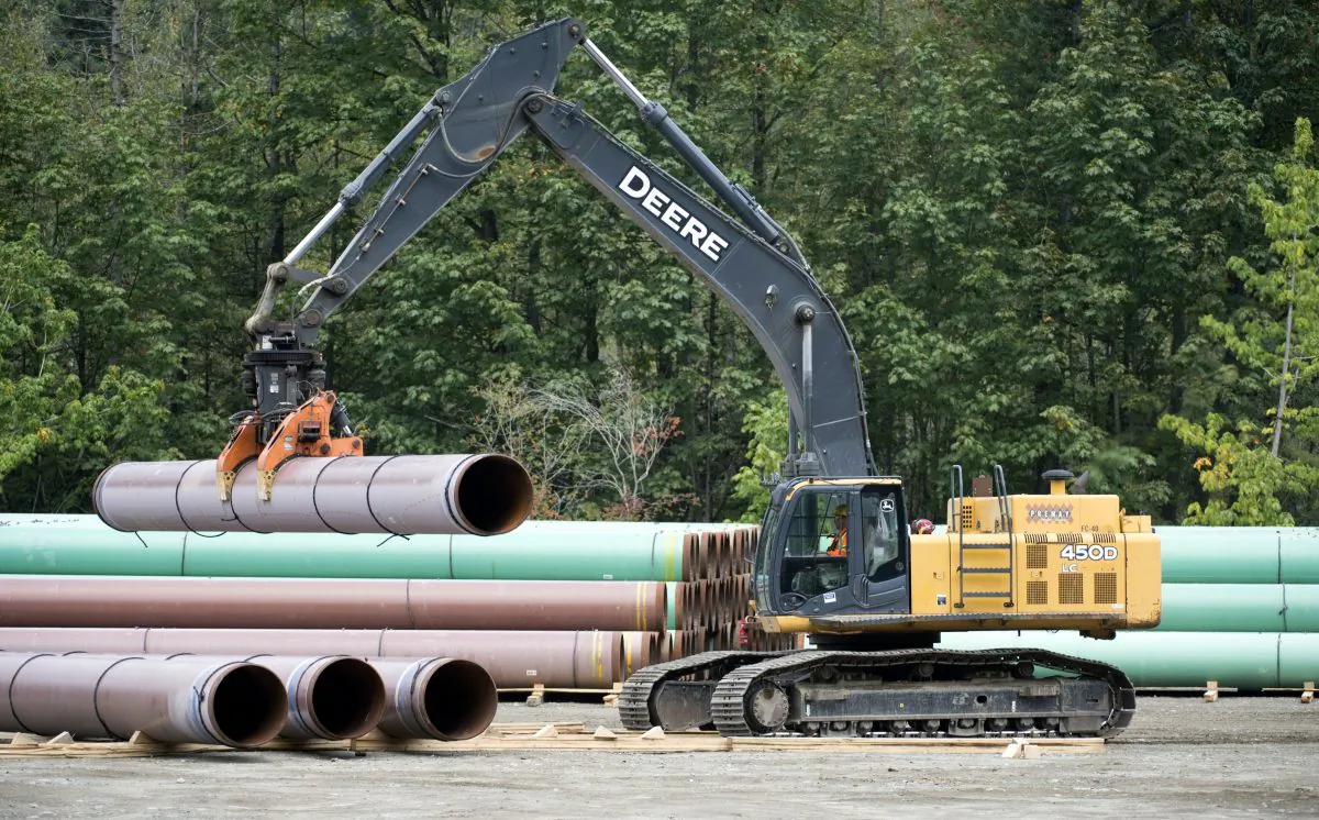 Pipeline pipes are seen at a Trans Mountain facility near Hope, B.C., on Aug. 22, 2019. (The Canadian Press/Jonathan Hayward)