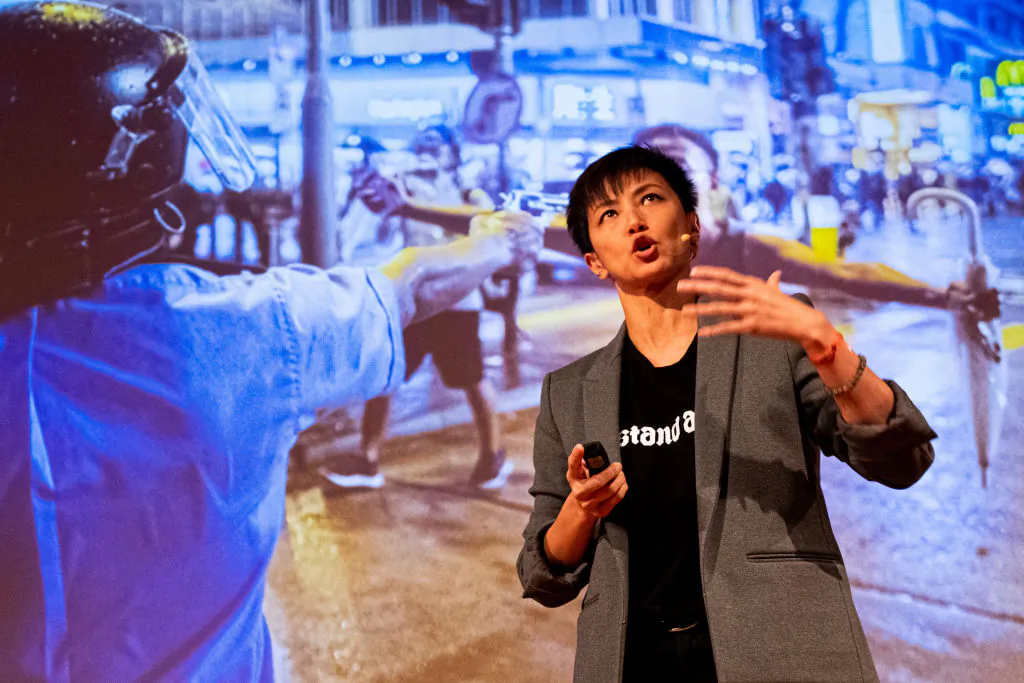 Cantopop star turned political activist Denise Ho Wan-see, also known as HOCC speaks during the Be Water: Hong Kong v China event at Melbourne City conference centre in Melbourne, Australia, on Sept. 4, 2019. (Asanka Ratnayake/Getty Images)