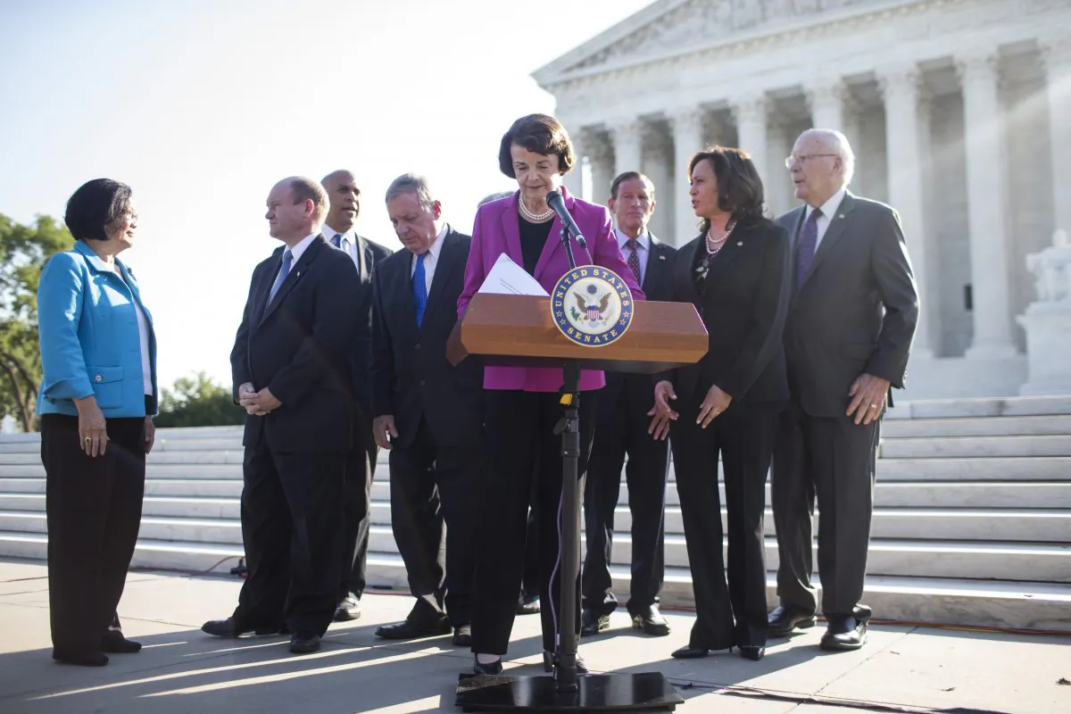 Senate Judiciary Committee Ranking Member Senator Dianne Feinstein (D-CA), concludes a news conference denouncing the White House's withholding of documents on Supreme Court Nominee Brett Kavanaugh outside of the U.S. Supreme Court on September 4, 2018 in Washington, DC. Zach Gibson/Getty Images