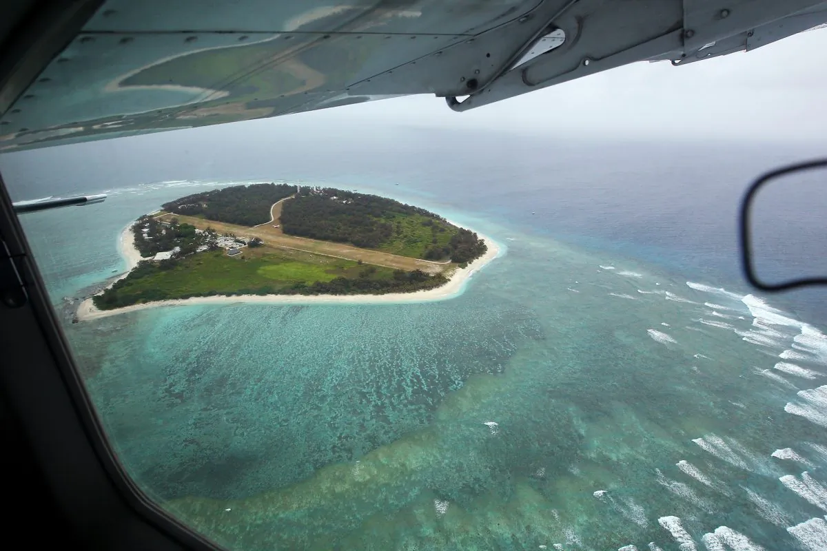 An aerial view of Lady Elliot Island, Australia, seen from the plane window on January 15, 2012. The island is the southern-most coral cay of the Great Barrier Reef. (Mark Kolbe/Getty Images)