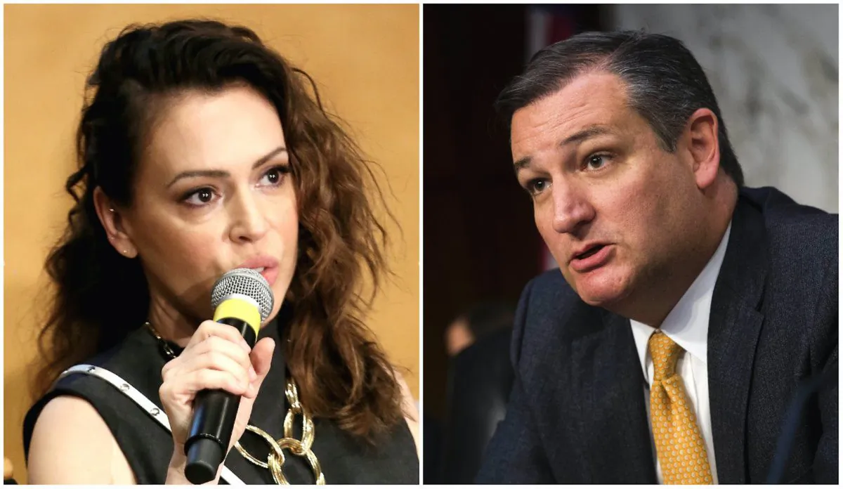 L:  Alyssa Milano speaks in Los Angeles, California on May 6, 2019. (Maury Phillips/Getty Images for SAG-AFTRA) R: Sen. Ted Cruz speaks during a Senate Judiciary Subcommittee on Crime and Terrorism on Capitol Hill, in Washington, DC, Oct. 31, 2017. (Drew Angerer/Getty Images)