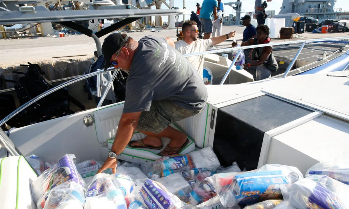 Aid and supplies arrive via private boat from Spanish Wells of Eleuthera Island in Great Abaco Island, Bahamas, on Sept. 6, 2019. (Jose Jimenez/Getty Images)