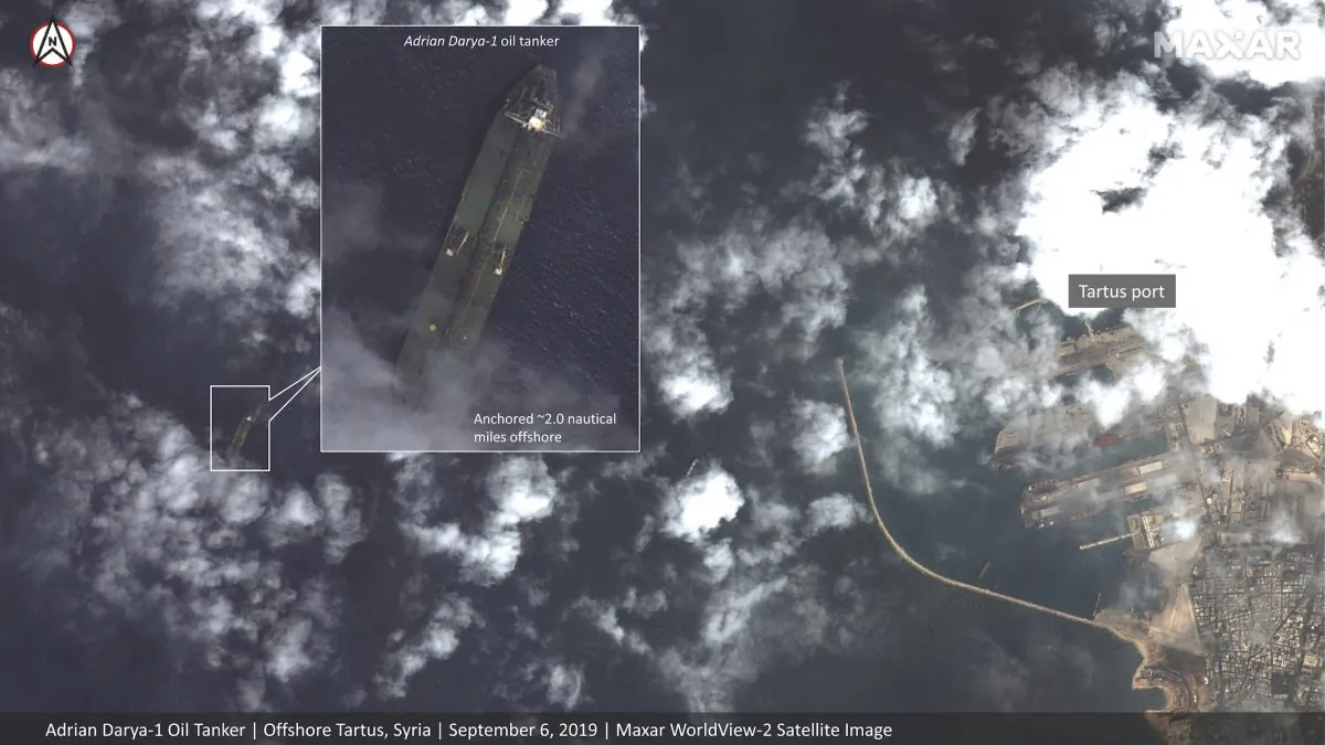 This satellite image dated Sept. 6, 2019, appears to show the Iranian oil tanker Adrian Darya-1 off the coast of Tartus, Syria, despite U.S. efforts to seize the vessel. (Satellite image Maxar Technologies via AP)