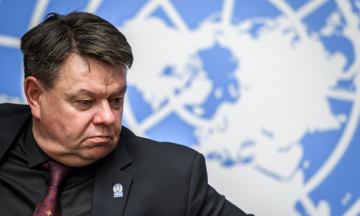 World Meteorological Organization (WMO) Secretary-General Petteri Taalas gives a press conference in Geneva on Oct. 8, 2018 following the last report of the Intergovernmental Panel for Climate Change. (Fabrice Coffrini/AFP/Getty Images)