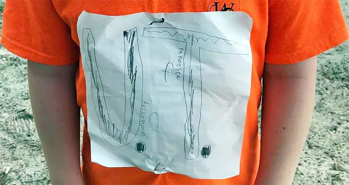 An Altamonte Elementary School student shows his home made t-shirt label in Altamonte Springs, Fla., on Sept. 5, 2019. (Courtesy of Laura Snyder/Facebook)