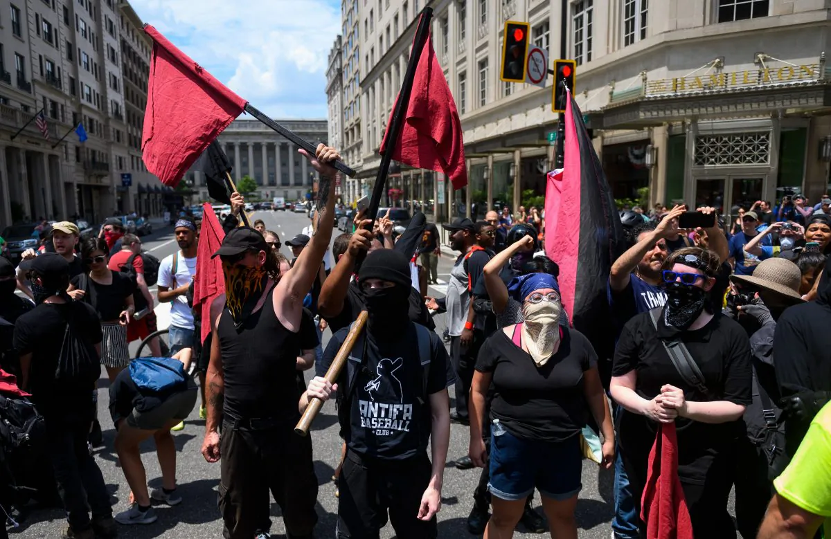 Members of Antifa march as the movement gathers for a "Demand Free Speech" rally in Washington, on July 6, 2019. (Andrew Caballero-Reynolds//AFP/Getty Images)