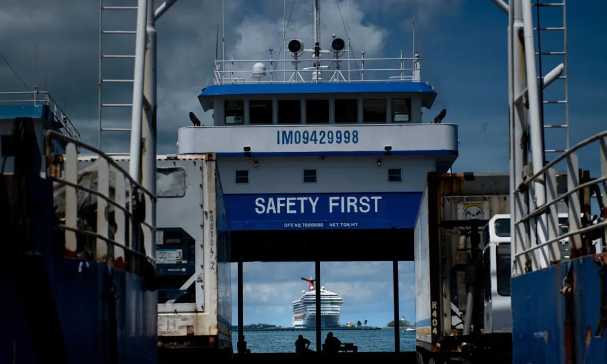 A cruise ship seen from one of the freight ferries similar to the style being used to move survivors of Hurricane Dorian from Marsh Harbour in Nassau, New Providence, on September 8, 2019. (BRENDAN SMIALOWSKI/AFP/Getty Images)