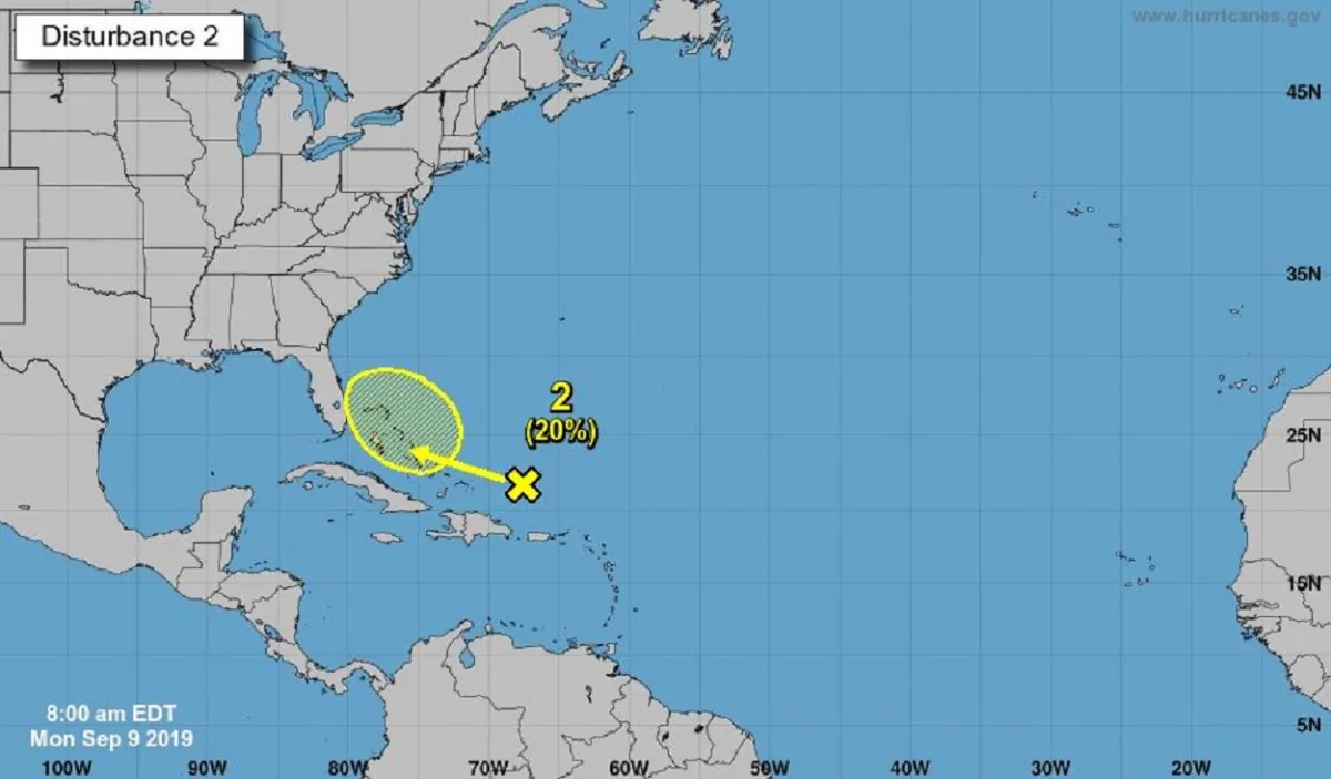 A weather disturbance moving toward the Bahamas and Florida could develop, the National Hurricane Center said on Sept. 9, 2019. (National Hurricane Center)