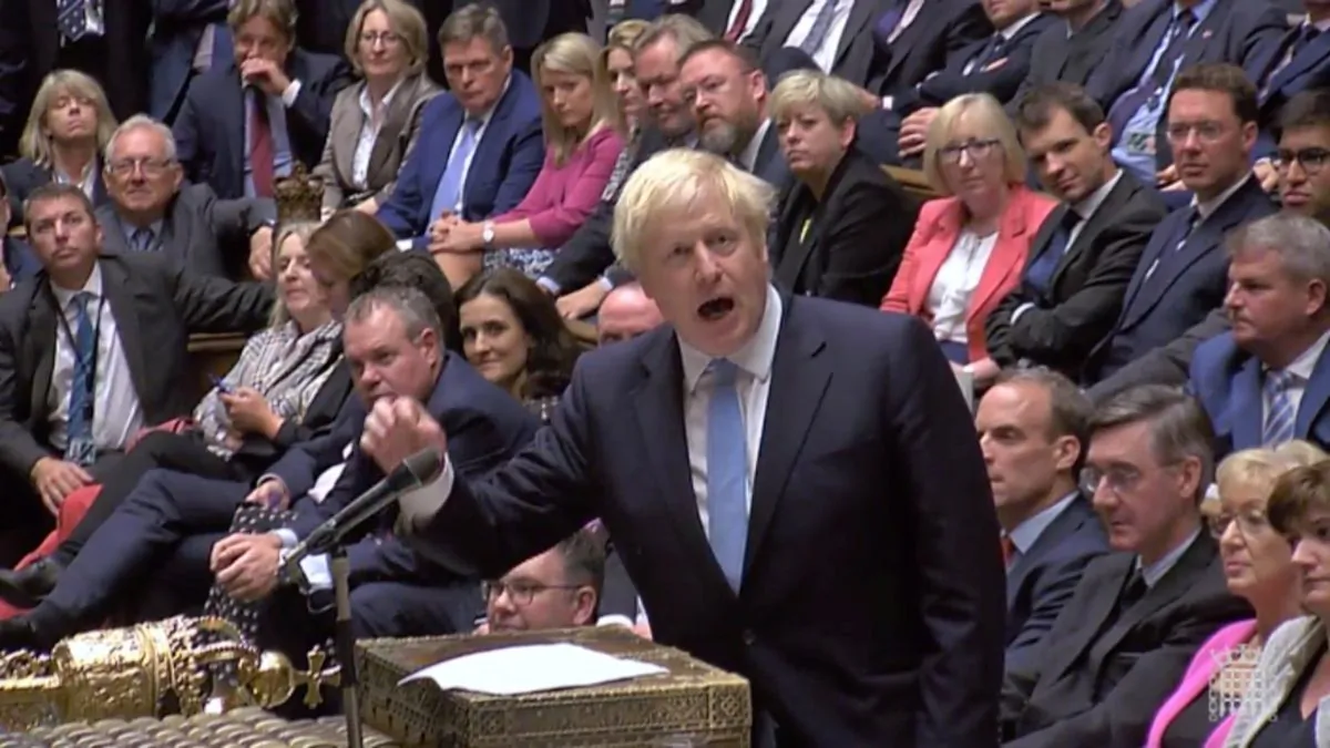 Britain's Prime Minister Boris Johnson speaks after Britain’s parliament voted on whether to hold an early general election, in parliament in London on Sept. 10, 2019. (Parliament TV via Reuters)