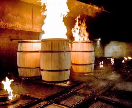 Bourbon barrels being roasted
