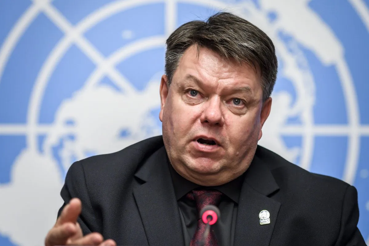 World Meteorological Organization (WMO) Secretary-General Petteri Taalas gives a press conference in Geneva on Oct. 8, 2018. (Fabrice Coffrini/AFP/Getty Images)