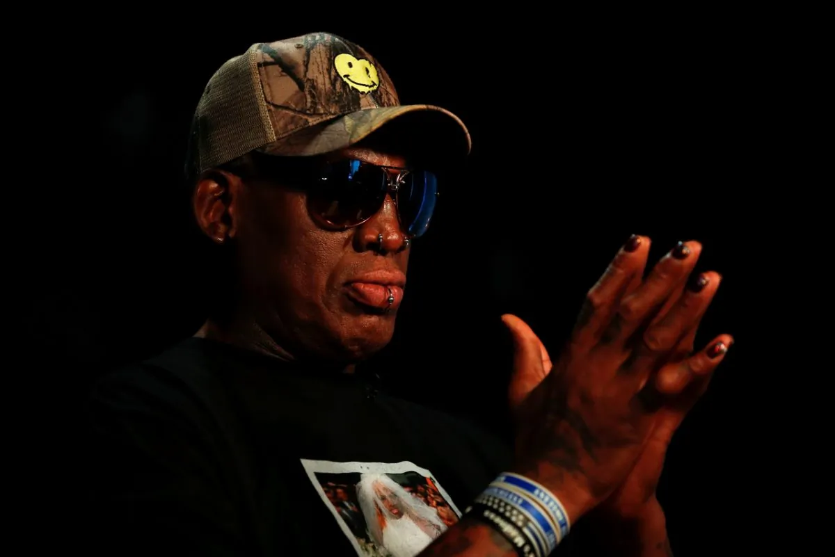 Former NBA player Dennis Rodman poses for a portrait in Los Angeles, on  Sept. 9, 2019. (Mike Blake)
