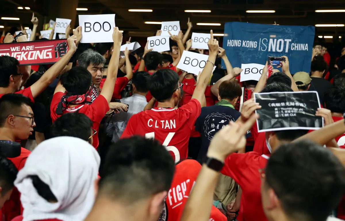 Soccer fans demonstrate inside Hong Kong Stadium in support of anti-government protesters as Hong Kong takes on Iran in World Cup qualifiers, in Hong Kong, China on Sept. 10, 2019. (Athit Perawongmetha/Reuters)