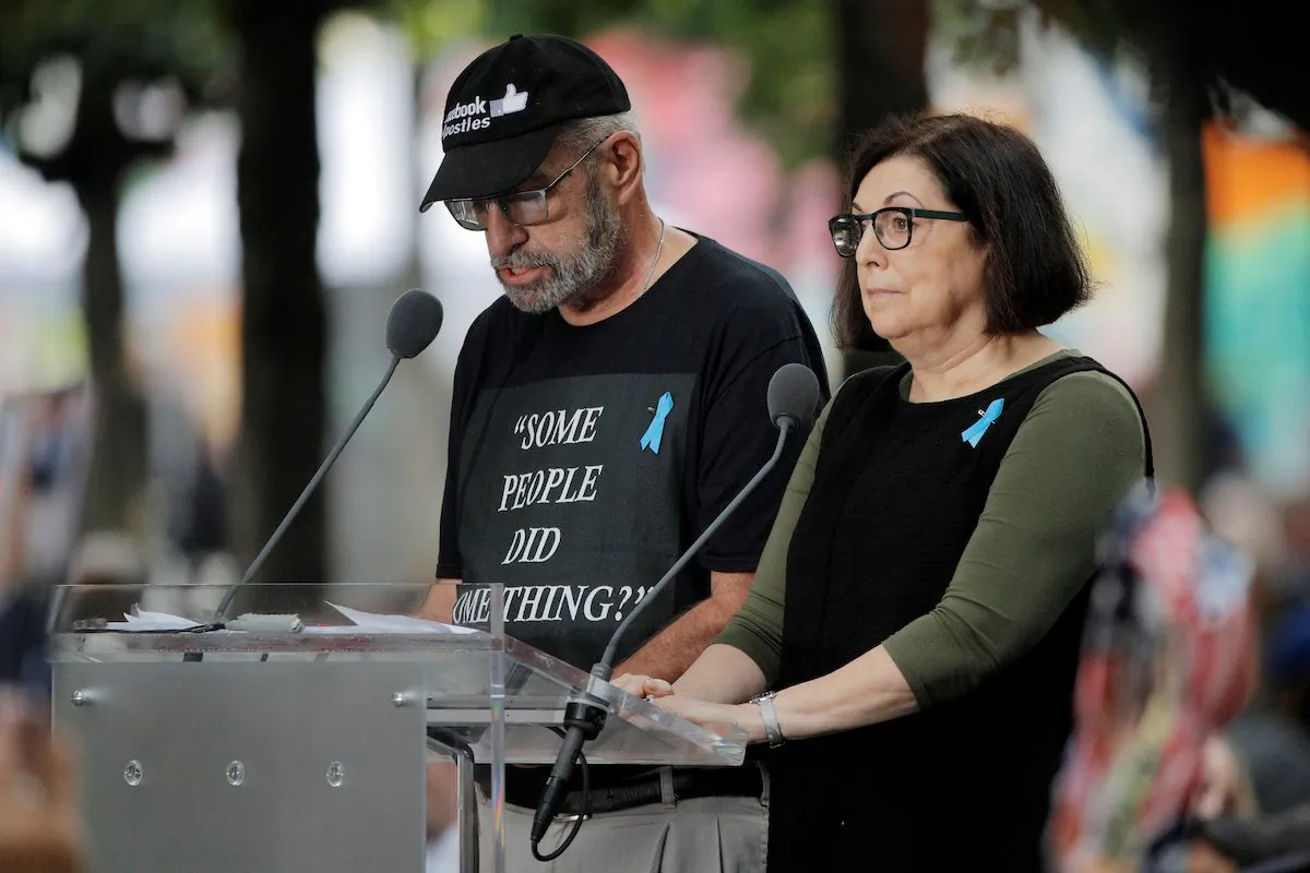 Nick Haros from Ocean County, New Jersey, who lost his mother Francis Haros in World Trade Center, reading 911 victims' names makes comments referencing U.S. Rep. Ilhan Omar (D-MN) during ceremonies commemorating the 18th anniversary of the September 11, 2001 attacks at the 911 Memorial in lower Manhattan in New York, U.S., September 11, 2019. (REUTERS/Brendan Mcdermid)