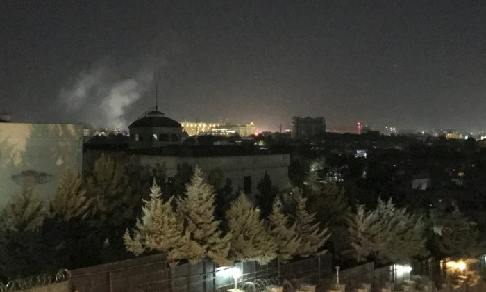 A plume of smoke rises near the U.S. Embassy in Kabul, Afghanistan on Sept. 11, 2019. (Cara Anna/AP Photo)