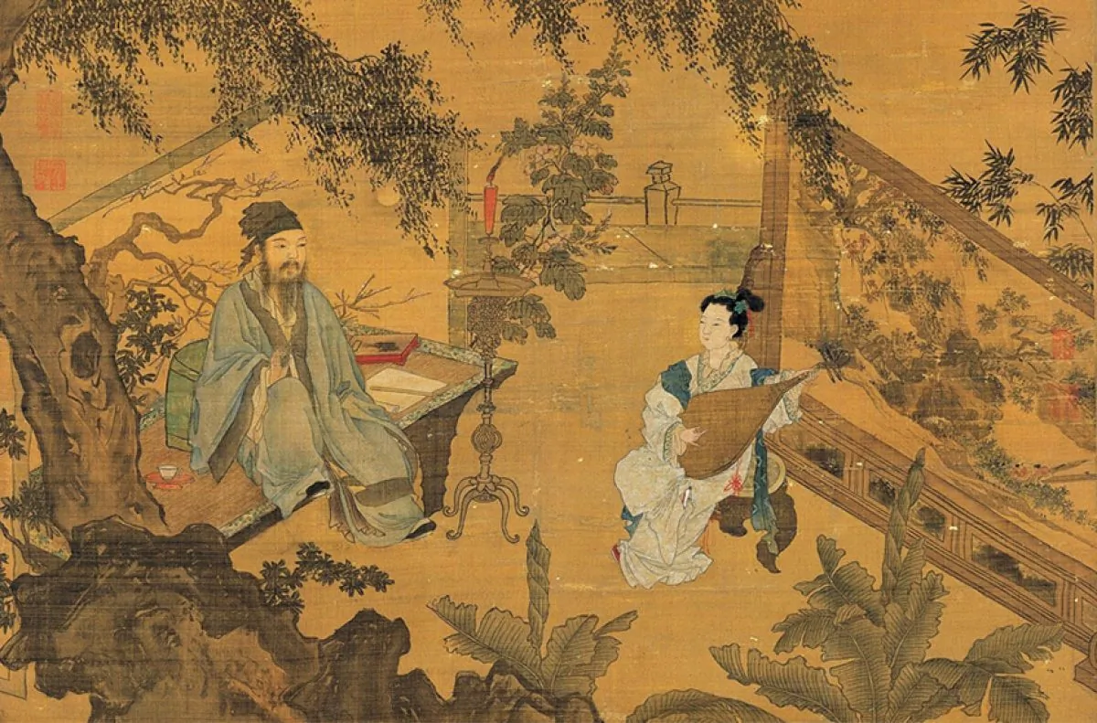 A detail from “Tao Gu Presents a Poem,” Tang Yin. Hanging scroll, ink and colors on silk, 66 ½ inches by 40 ¼ inches. National Palace Museum, Taipei. (Public Domain)