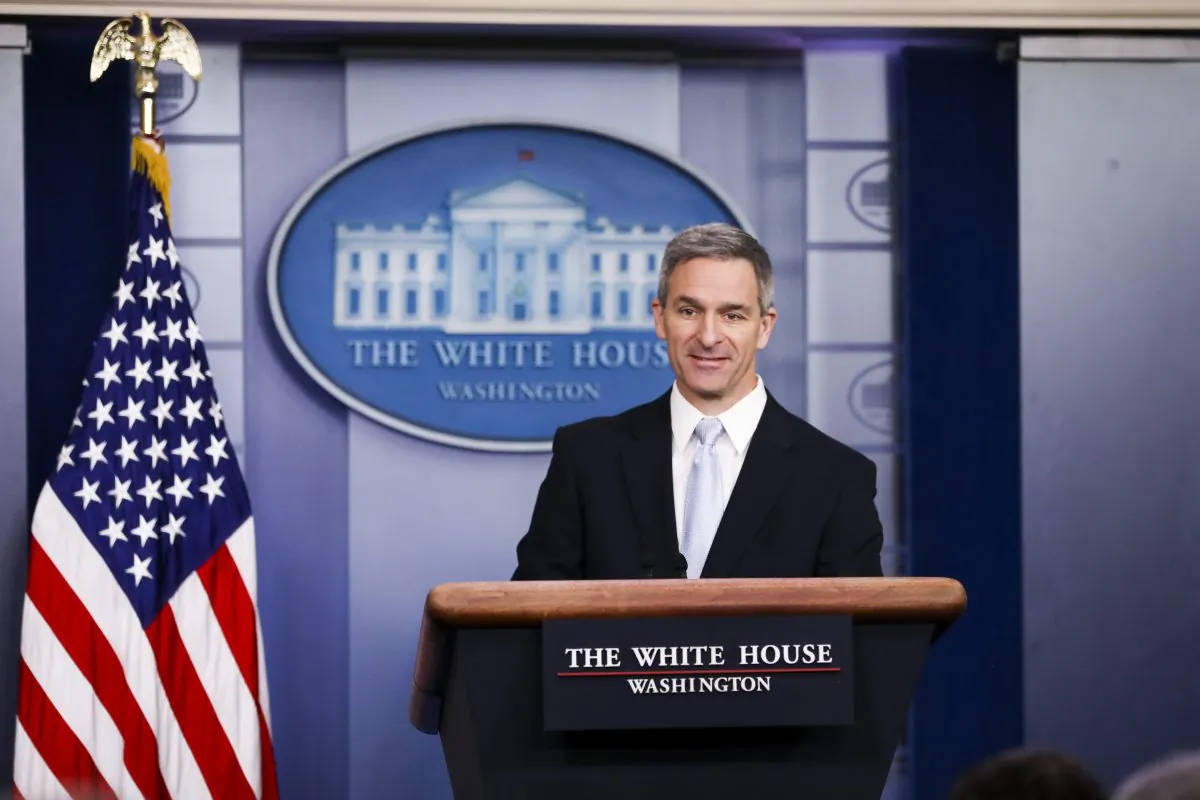 Acting Director of United States Citizenship and Immigration Services Ken Cuccinelli speaks to media at the White House in Washington on Aug. 12, 2019. (Charlotte Cuthbertson/The Epoch Times)