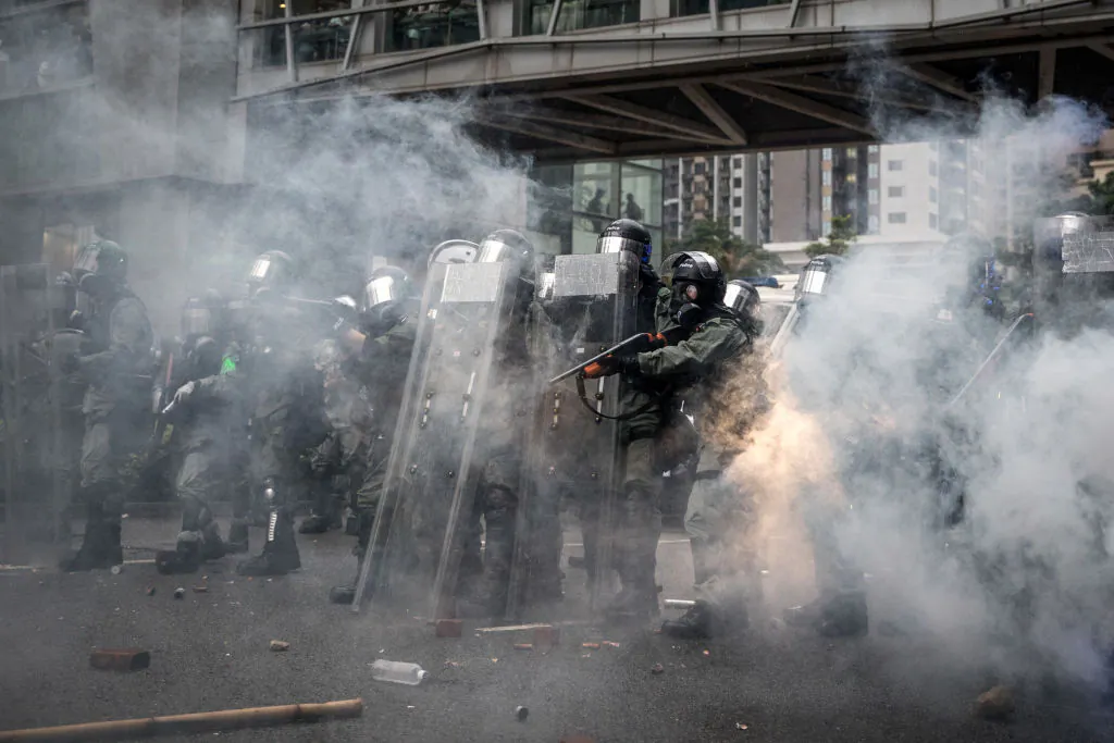 Police fire tear gas at protesters during clashes after a rally in Tsuen Wan district in Hong Kong on Aug. 25, 2019. (Chris McGrath/Getty Images)
