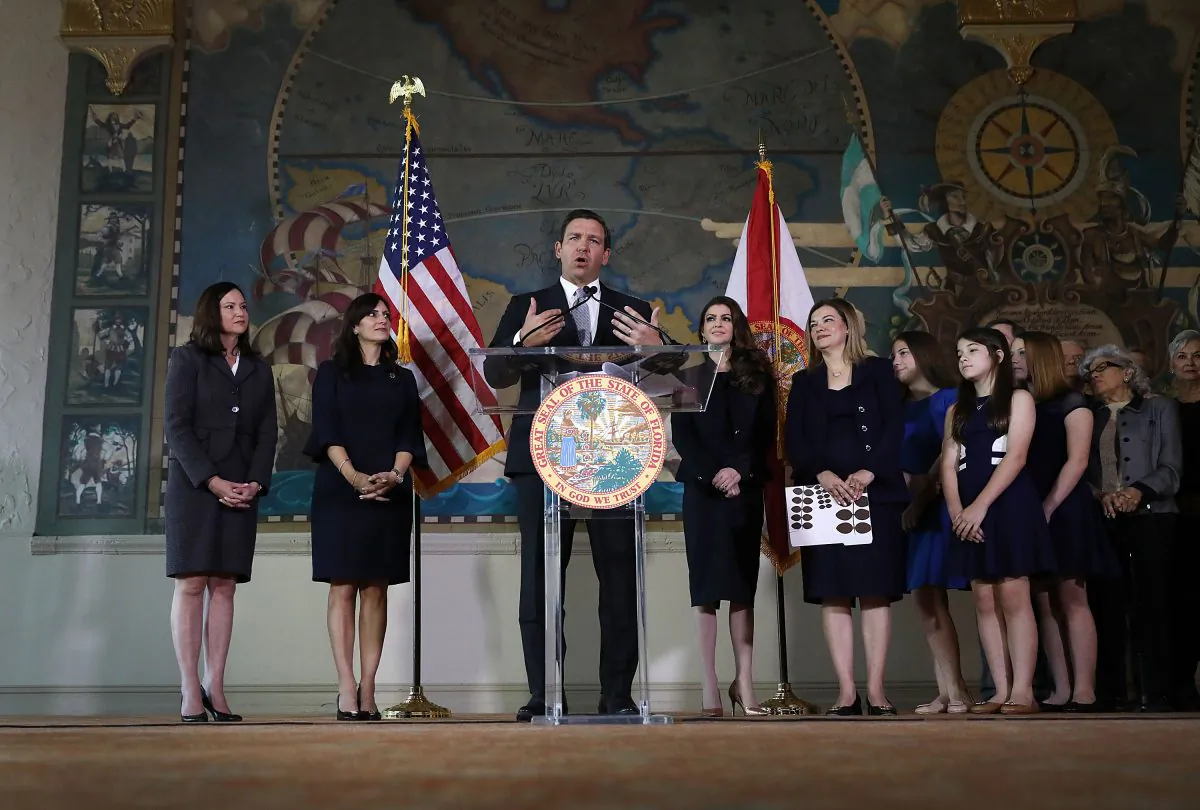 Newly sworn-in Gov. Ron DeSantis announces Barbara Lagoa (2nd to the right of him) as his choice to be seated on the Florida Supreme Court during an event at the Freedom Tower on January 09, 2019 in Miami, Florida. Joe Raedle/Getty Images