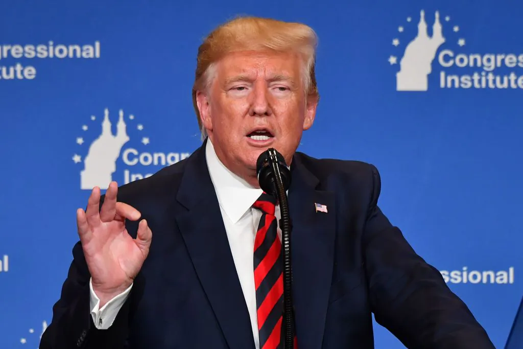 U.S. President Donald Trump delivers remarks during the 2019 House Republican Conference Member Retreat Dinner in Baltimore, Maryland, on Sept. 12, 2019. (NICHOLAS KAMM/AFP/Getty Images)