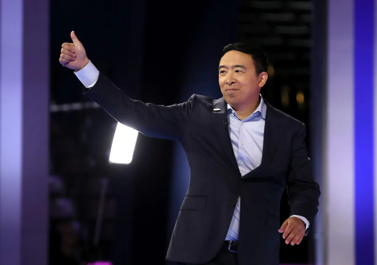 Democratic presidential candidate and former tech executive Andrew Yang is introduced before the Democratic presidential debate at Texas Southern University's Health and Physical Education Arena in Houston on Sept. 12, 2019. (Win McNamee/Getty Images)