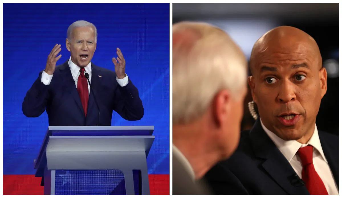 (L)-2020 presidential candidate and former Vice President Joe Biden speaks at the Democratic primary debate in Houston, Texas on Sept. 12, 2019. (Win McNamee/Getty Images) (R)-Democratic presidential candidate Sen. Cory Booker (D-N.J.) is interviewed the spin room after the Democratic Presidential Debate at Texas Southern University in Houston, Texas on Sept. 12, 2019. (Justin Sullivan/Getty Images)